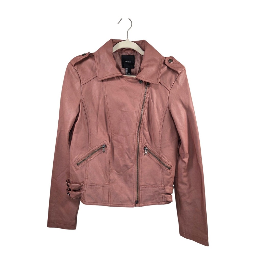 Forever 21 Womens M Pink Faux Leather Moto Jacket Sherpa Collar Biker Y2K